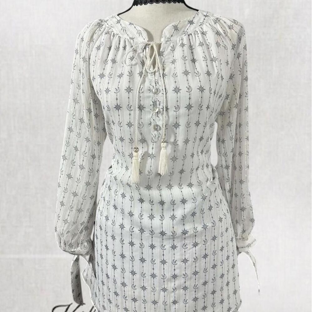 Cottagecore Boho Celestial Gray and White Blouse with Tassels and Tie Sleeves